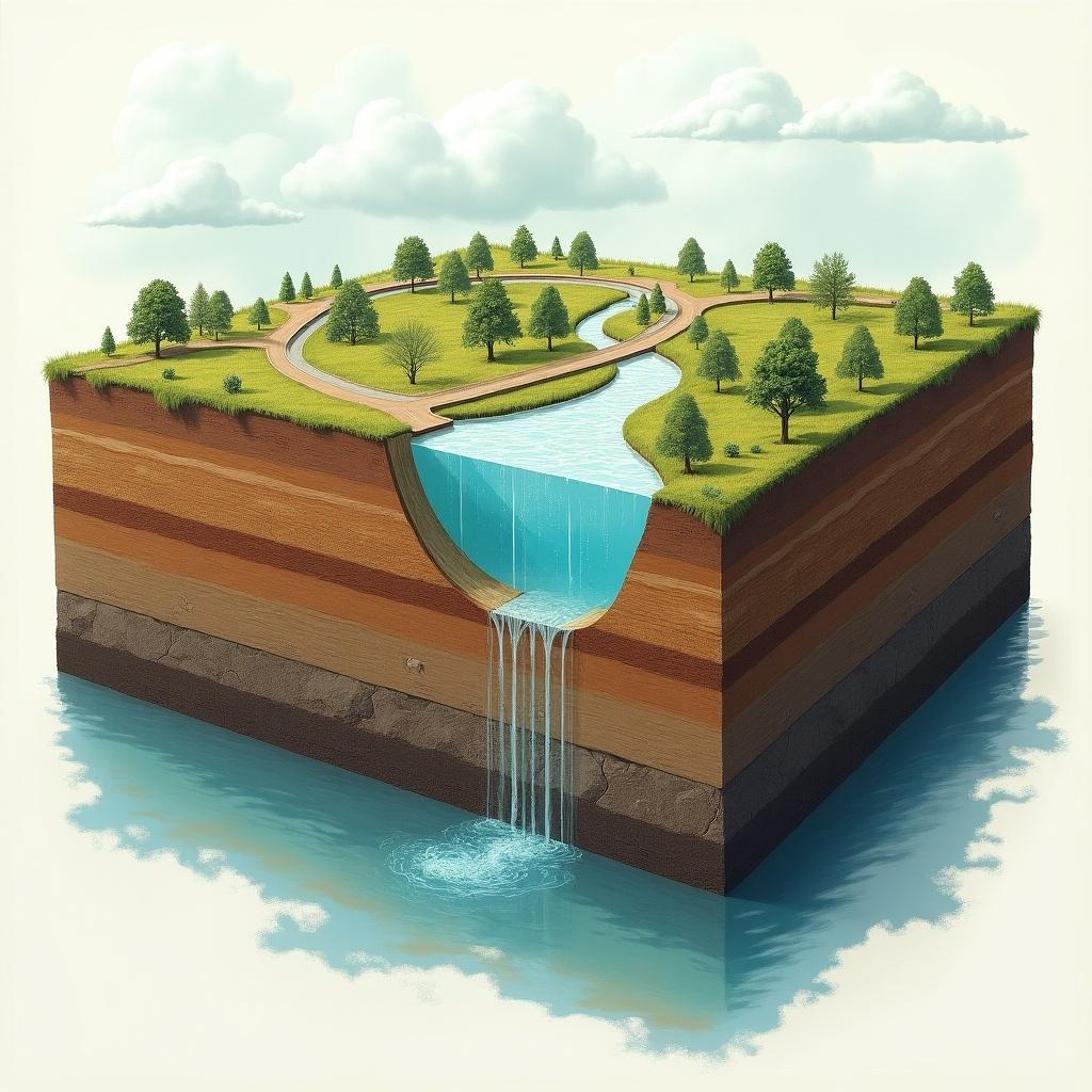 Illustrate a hydrogeological cross section showing Sokoto basin features. Include layered soil and rock formations. Add a flowing river and a waterfall. Depict greenery with trees and sustainable land use.