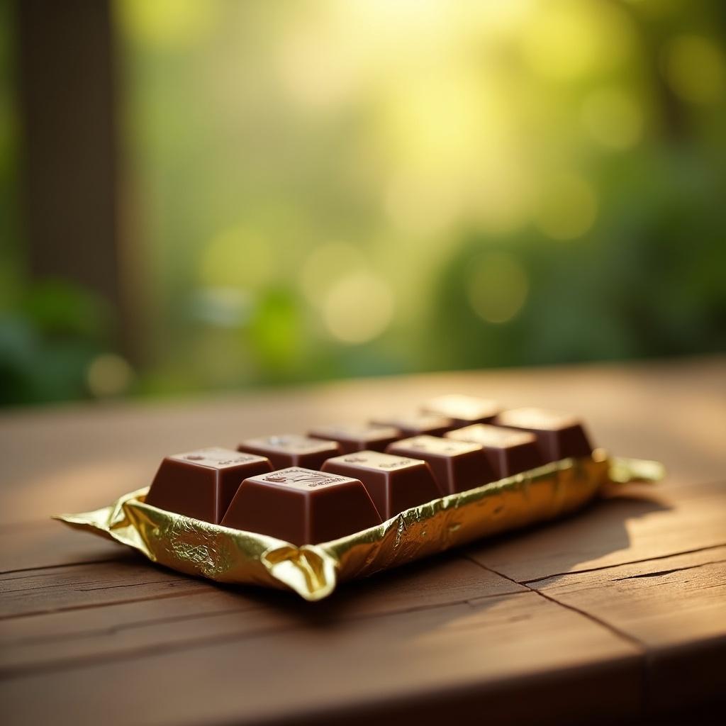 Close-up view of a chocolate bar wrapped in gold foil on a wooden surface. Soft focus background with greenery and warm lighting.