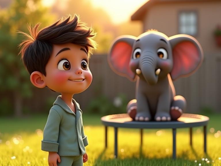 7-year-old boy in pajamas smiles at playful baby elephant on a trampoline in grassy backyard at sunrise. Scene is illuminated by soft light and dew is present on the grass. Elephant's ears flap joyfully.