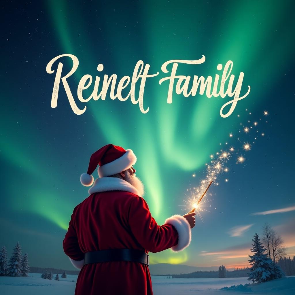 Santa holds a wand facing the sky. Northern lights create a magical background. Reinelt Family appears in elegant writing in the sky. The scene is festive and enchanting.