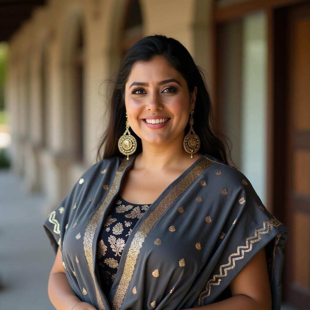 An elegant Indian woman is presented in a cultural setting. She wears a heavy grey shrug adorned with zigzag golden patterns. Underneath, a heavily designed blouse echoes the essence of Bridgerton style. Her look is completed with a plain dark grey lehenga and large earrings that add refinement. Natural lighting enhances the details of her outfit and accentuates her confident demeanor. The ambiance reflects traditional elegance, making it a perfect capture of Indian heritage.