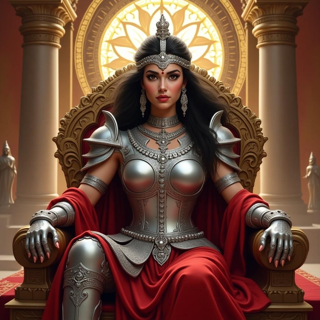 Queen Durgavati seated on a grand throne in ornate silver armor and red dupatta. Intense eyes and red bindi. Warm golden palace decor. Gondwana emblem in background.