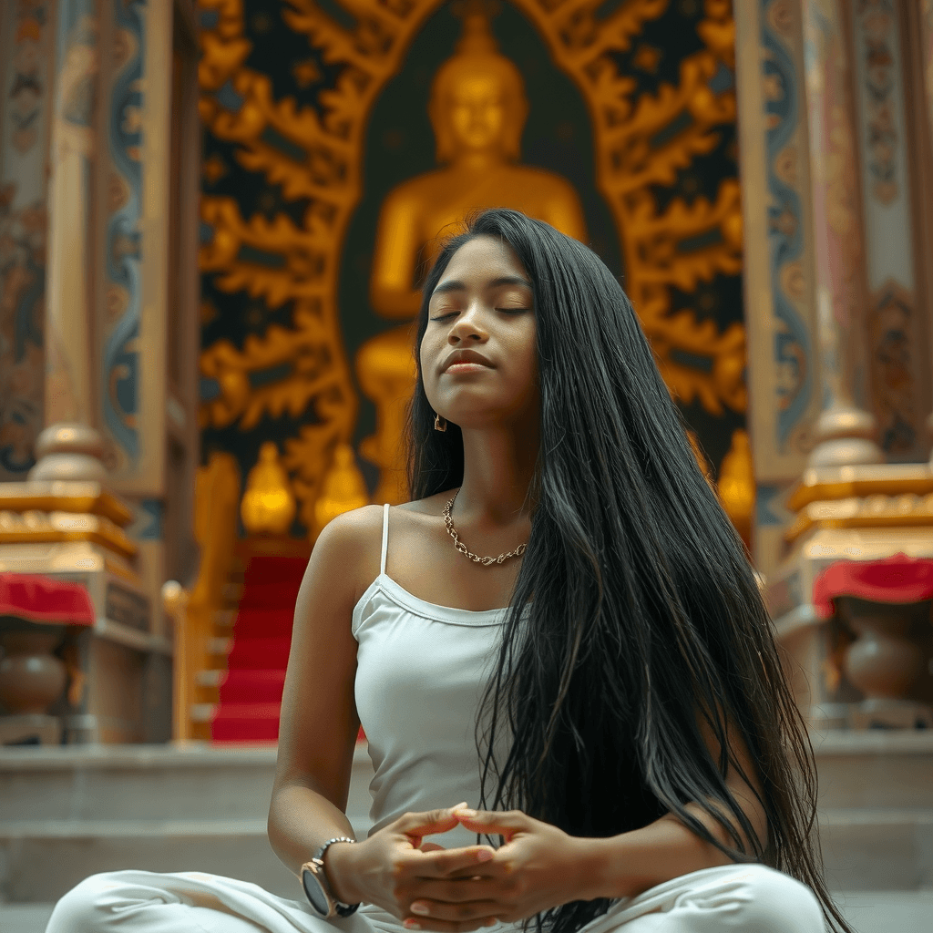 A woman meditates peacefully in front of a golden Buddha statue.