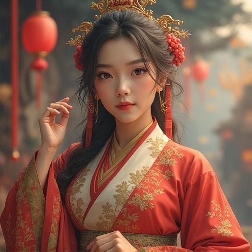 Image showcases a beautiful woman in traditional attire. She wears an elegant red gown adorned with intricate designs. Her hair is styled elaborately with floral decorations. The background features muted colors, enhancing her presence. Soft light illuminates her face, giving a warm glow. The atmosphere conveys elegance and cultural richness.