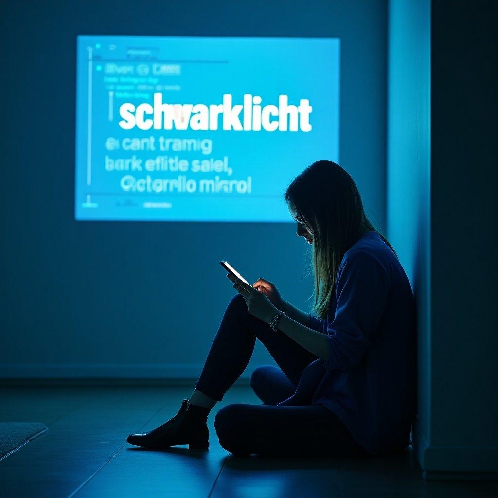 Woman sitting on the floor using a cellphone while reading a book. Unsplash photography style. Blue color scheme. Text on the projection says schwarzlicht. Highly detailed scene. Unconnected to any specific person.