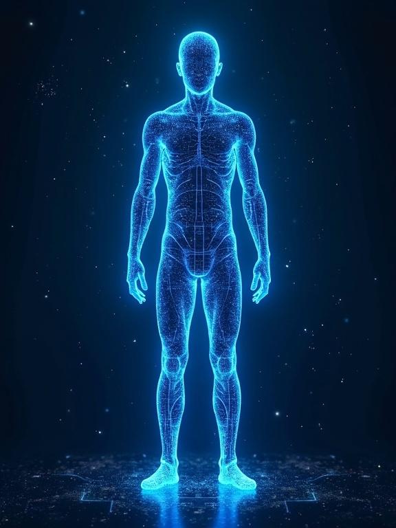 Futuristic human silhouette glowing with neon blue holographic lines. Resembles a digital blueprint. Subtle circuit patterns present. Starry cosmic background enhances sci-fi aesthetic. Bright vibrant dynamic style. High-resolution quality.