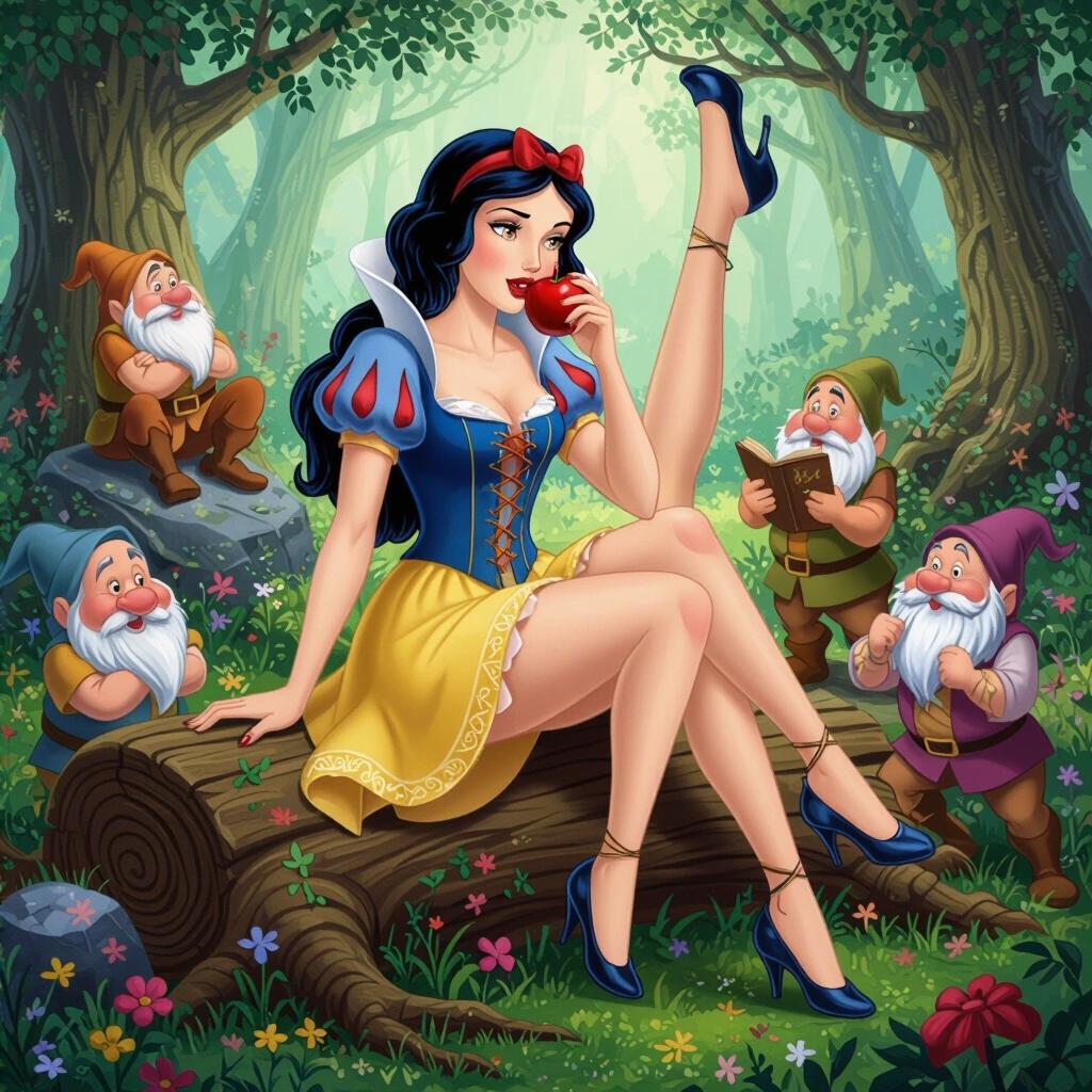 Snow White sitting on a log in the forest. One leg crossed in the air. Wearing a tight dress with corset and sheer skirt. Holding a red apple. Long black hair with red ribbon. Surrounded by dwarves with different expressions. Enchanted forest filled with glowing mushrooms and flowers. Detailed resin sculpture style.