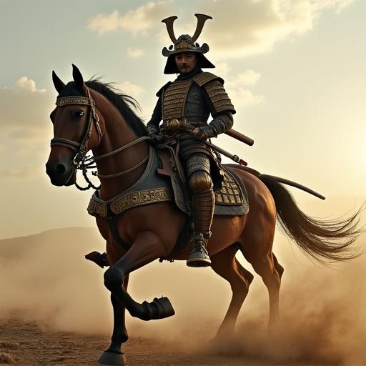Steampunk samurai warrior riding a horse with dramatic pose in a desert backdrop