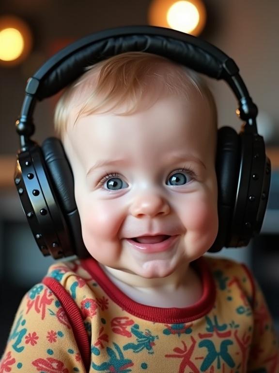 Cute baby wearing large black headphones with a gentle smile. Brightly colored classic baby clothing. Close-up of head and shoulders. Background has music studio elements. Soft natural lighting highlights the face.