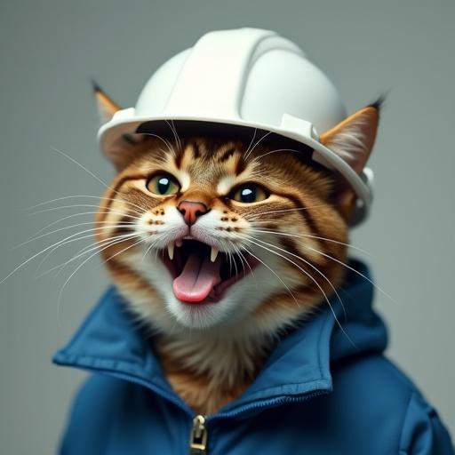 Semi-realistic cat with tongue sticking out and head tilted. Small sweat drop above the eyes. Cat dressed in a blue work jacket and white hard hat. Cat expresses joy or playfulness.