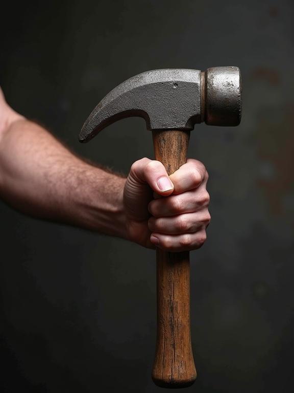 Hand gripping a big metal sledgehammer from a frontal perspective. Hammer has a wooden handle, focusing on the strength of the grip.