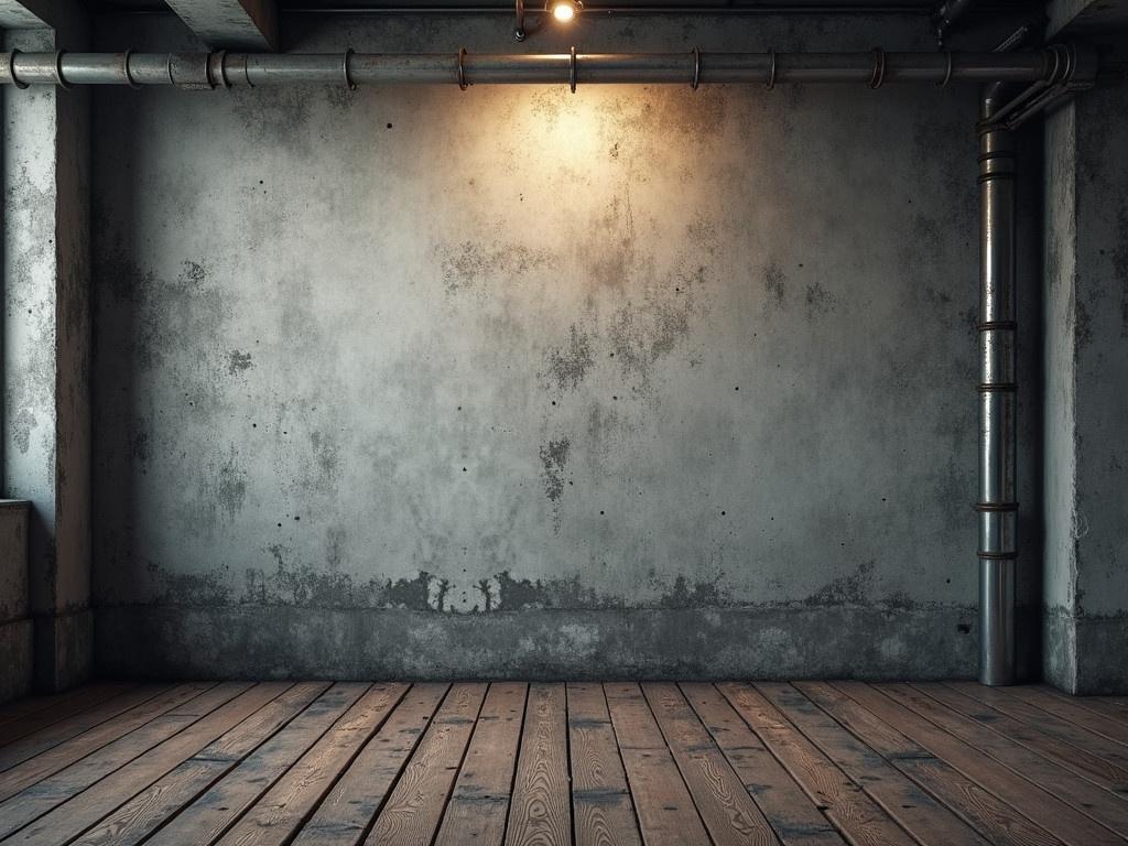 A grunge industrial background featuring a rough concrete wall with visible imperfections and a moody ambiance. The scene captures an interior industrial space, complete with exposed pipes and subtle lighting illuminating the textures of the wall. The flooring is wooden with a weathered appearance, adding to the gritty atmosphere. There is ample copy space available, making it suitable for various uses such as graphic design or photography backgrounds. Overall, the image evokes a sense of urban decay and industrial charm.