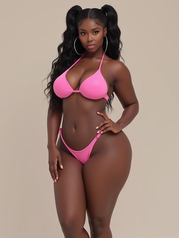Full body model in a pink bikini. The model has pigtails and a thick body shape. Outfit is showcased on a neutral background. A flattering pose enhances the figure.