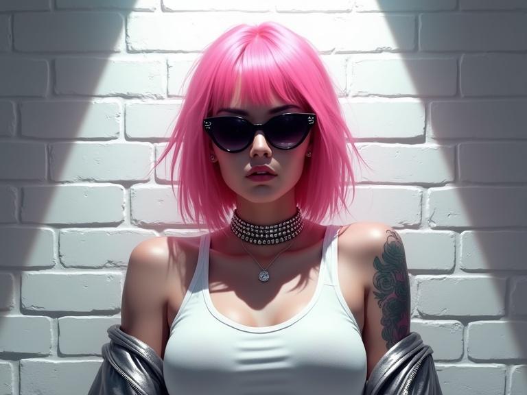 Stylized digital portrait of a figure with pink hair. Figure wears sunglasses and a studded choker necklace. Tattoos visible on arms. White tank top with metallic silver jacket. Background has white brick wall. Bright white spotlight creates shadows and highlights. Modern and edgy art style rendered in digital painting technique. Centered composition with figure in middle third. Color palette includes white, pink, silver, and dark shadows.