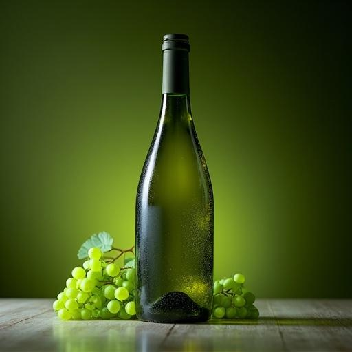A wine bottle with a green label and green grapes beside it. The background glows in green tones, creating a fresh and vibrant atmosphere.