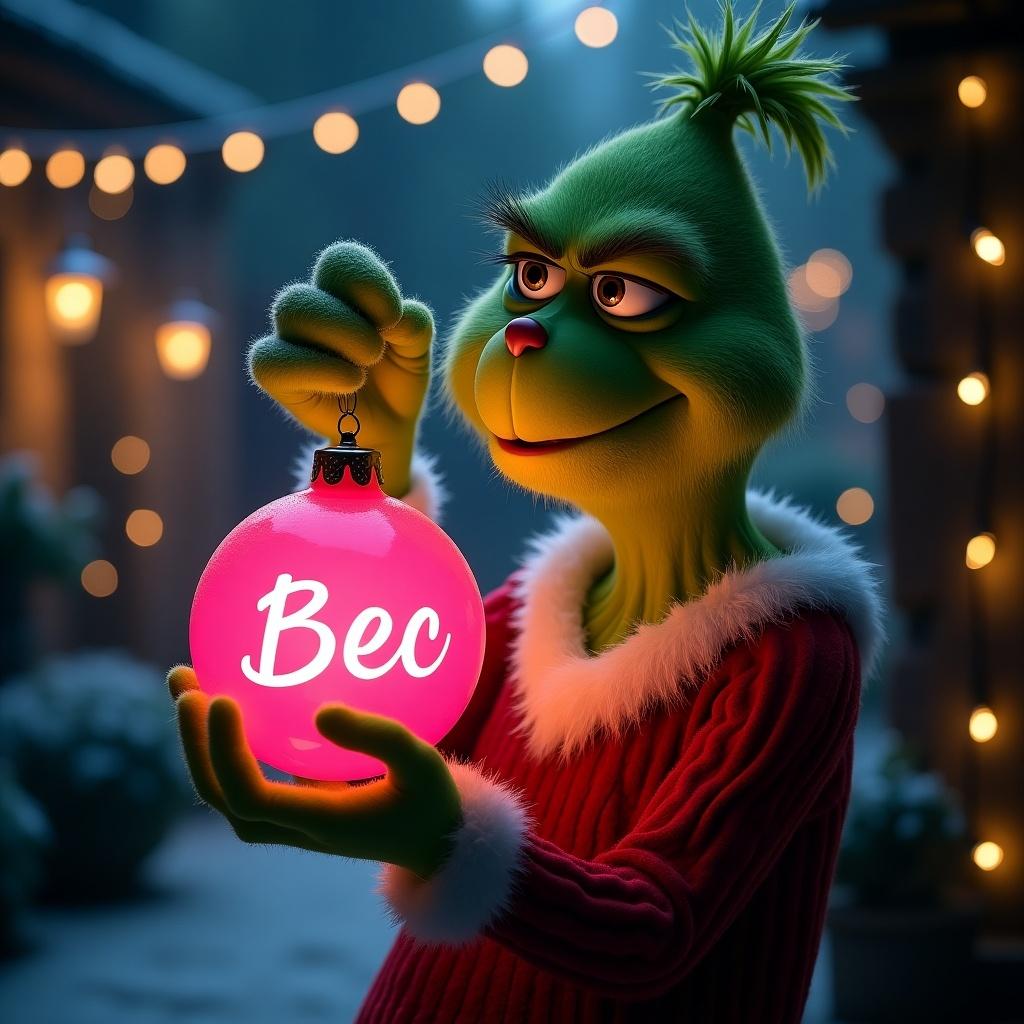 A night garden with the Grinch holding a glowing pink Christmas bauble labeled Bec. Twinkling lights create a festive atmosphere. Ideal for Christmas-themed visuals.