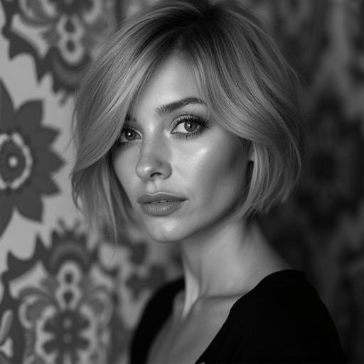 Monochrome portrait of a woman with short highlighted hair. Background features ornate pattern. Image has soft focus effect.