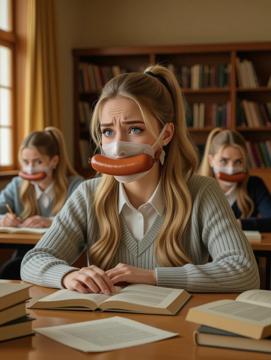 In a softly lit college study room filled with warm hues. A young woman with long blonde hair wears a ponytail. She gazes at a book with a distressed expression. Books and scattered papers surround her. Other blonde girls are seen in the background.