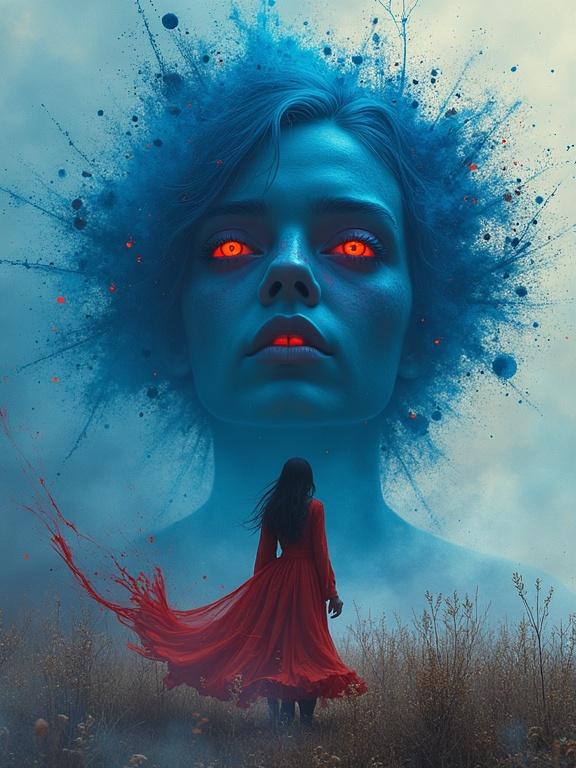 An imaginative scene with a girl dressed in a red dress standing in a field. Her figure is small compared to a huge head in the background, painted in a striking blue hue with glowing orange eyes. Maroon splashes of paint are scattered throughout, creating a chaotic effect. The overall vibe is surreal and fantastical, invoking a sense of madness. The style resembles that of Ivan Slavinsky.