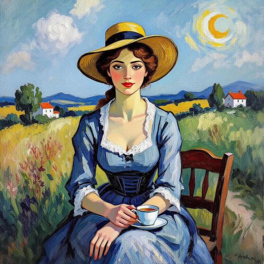 An oil painting of a woman in a blue dress sitting on a chair. She is drinking tea. In the background, there are fields and houses. The atmosphere is warm and lively. The sky is bright with a sun.