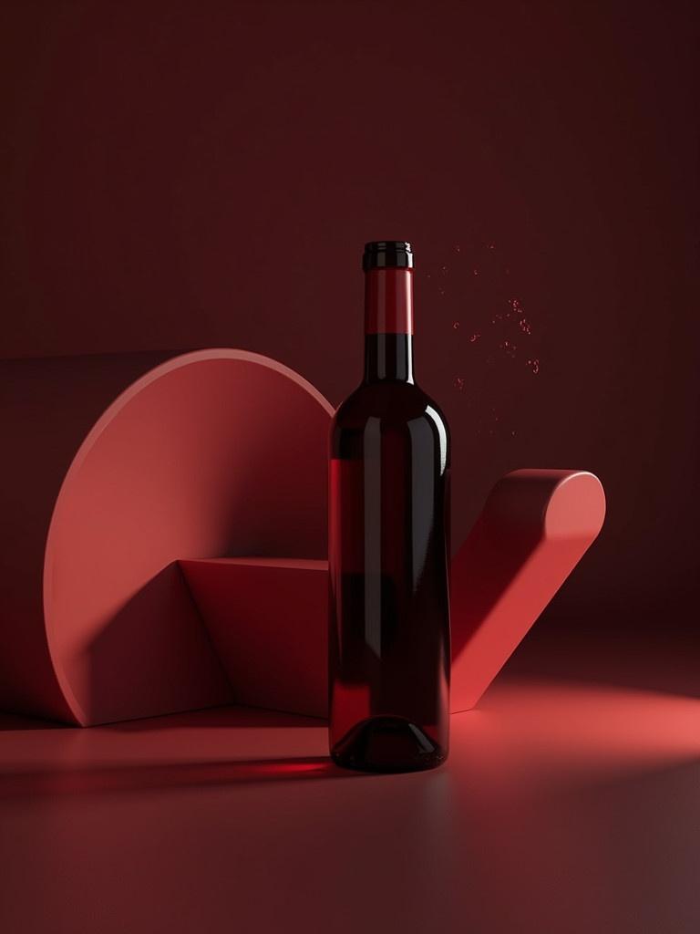 Create a scene with a red wine bottle on a dark brown background. Use studio lighting for a high resolution effect. Aim for a hyper realistic and cinematic style scene.