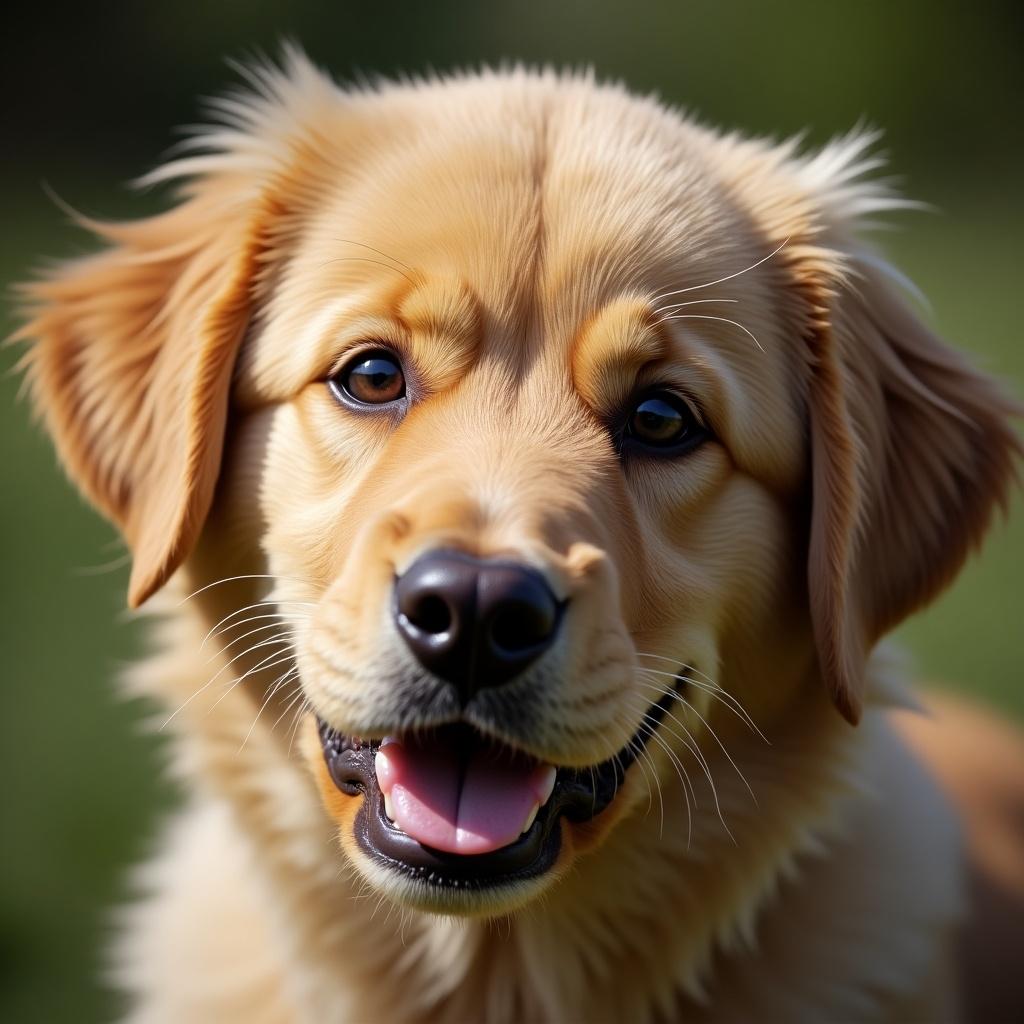 Close-up shot of a golden retriever dog face. Soft focus background highlights the dog's features. The dog has a friendly expression and healthy fur. Natural light creates a warm atmosphere.