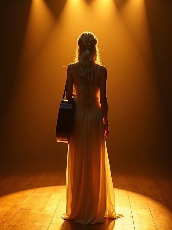 Back view of graceful female singer with long silver braided hair. Standing alone on wooden stage under warm golden spotlights. Wears semi-transparent flowing dress that reveals athletic silhouette. Acoustic guitar hangs from shoulder. Soft shadows stretch across the floor.