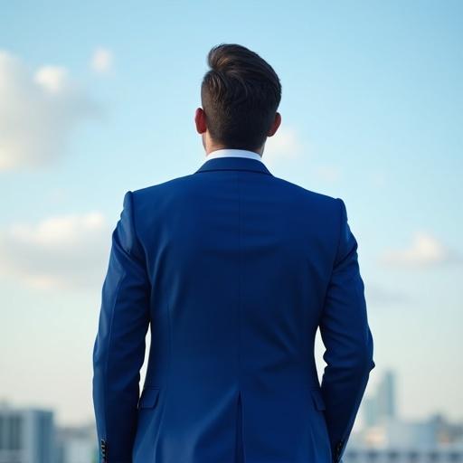 View from behind of a businessman in a royal blue suit. He looks up at the sky with hope and anticipation. Features are not visible.