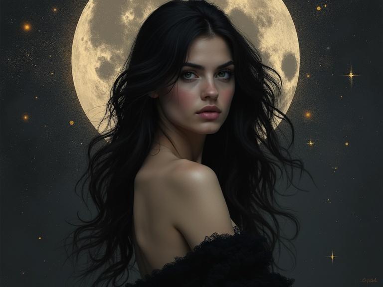 Sensual and mysterious portrait of a dark-haired woman against a celestial backdrop. Themes of beauty, darkness, and cosmic feminine explored with a focus on strength and vulnerability. The composition includes the woman looking over her shoulder with dark clothing, highlighted by a moon and night sky elements. Overarching palette of black and dark grey with warmth. Lighting is soft and ethereal, creating a dynamic between the woman and her background.