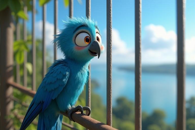 3D scene of a blue parrot inside a cage. The parrot has expressive eyes and a hopeful smile. The background features a bright sky and the Sundarbans. The colors are vibrant with detailed feathers. The atmosphere feels longing and reflective.