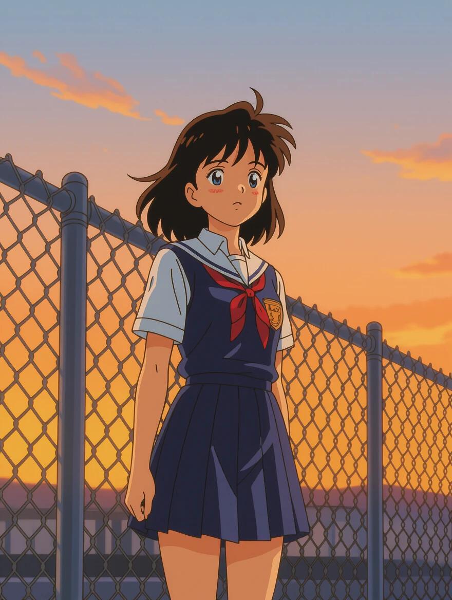 Anime screencap features a girl in a school uniform standing at sunset. The background has a sunset sky with a chain-link fence. Hair blows softly in the breeze. The image features flat and cel shading consistent with 1990s anime style.