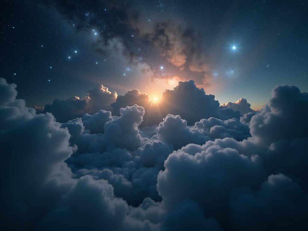 A breathtaking view of dark cosmic clouds under a starry night sky. The sun's rays pierce through the clouds creating a surreal and ethereal atmosphere. The vast expanse of the cosmos is visible, filled with glittering stars. This landscape evokes a sense of wonder and tranquility.