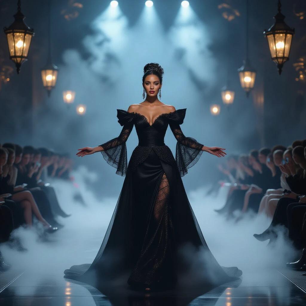 A regal woman stands confidently at the center of a grand runway. She faces forward in a poised and commanding stance. Her arms are gracefully extended beside her. The setting is a fantasy fashion show with a dramatic atmosphere. Mist swirls at her feet and vintage lanterns hang above. The scene feels theatrical and luxurious. The composition blends baroque elegance with steampunk elements. Full-body shot with cinematic lighting and soft fog.
