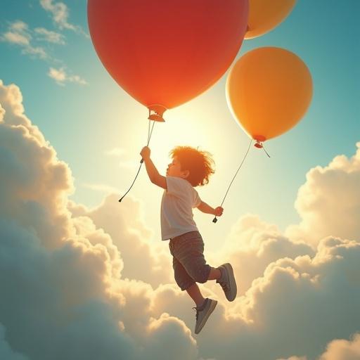 A child is flying with colorful balloons. The child appears joyful and carefree. Bright sunlight shines down illuminating the scene. Fluffy clouds surround the child creating a whimsical atmosphere. The image captures a moment of wonder and adventure. The child’s eyes are full of dreams and joy.