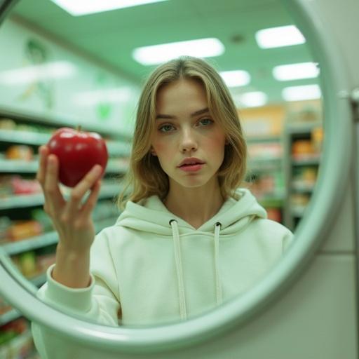 Young woman in a grocery store holding a red apple. She appears in a mirror. The setting has white and green colors. The woman is dressed in oversized streetwear, smiling and engaging with her reflection.