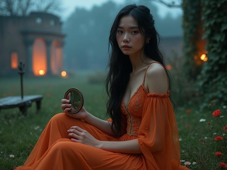 A young woman with long dark hair is seated in a windswept garden at twilight. She wears a flowing, translucent orange dress with a plunging neckline and golden straps. The bodice has delicate floral patterns. Her right hand is on her thigh while the left holds a cracked hand mirror. Expression is contemplative. Ruins and ivy in the background. Soft grass underfoot with scattered petals. Mist curls in the scene. The image is hyperrealistic with cinematic lighting.