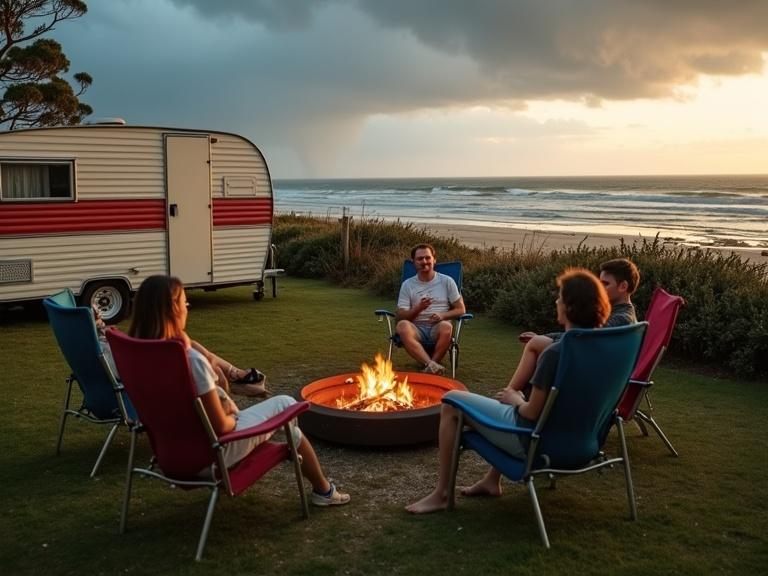 Four people sitting in colorful chairs around a fire pit on grass. A vintage caravan with a red stripe is in the background. Beach and waves are visible beyond the caravan. Storm clouds are gathering during sunset.