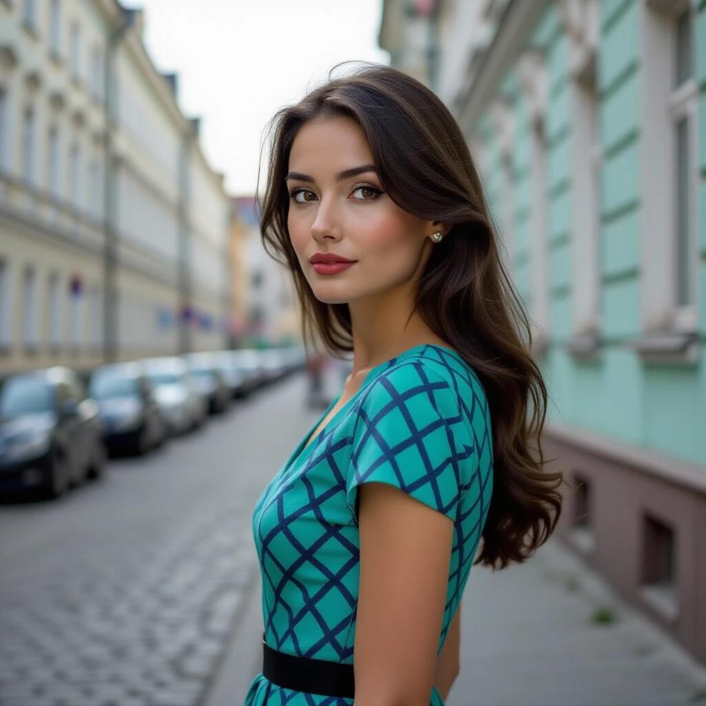 Street portrait of a woman in urban setting. Side profile shot with head turned towards viewer. Subtle smile with captivating gaze. Delicate features and flowing black hair. Woman wearing elegant retro dress with geometric turquoise patterns. Background features pastel apartment blocks and cobblestone street. Captured on film with Zenit EM camera. Ultra-sharp focus on facial details. Soft dreamy bokeh background. Grainy vintage film aesthetic.