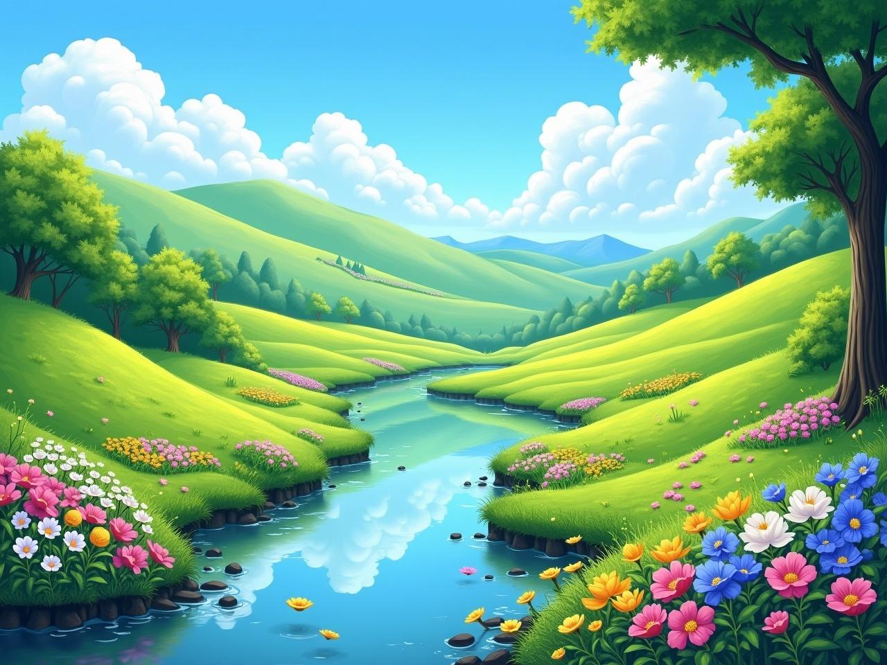 This is a vibrant and serene landscape featuring rolling green hills under a clear blue sky. The scene is dotted with fluffy white clouds and various types of colorful flowers blooming along the banks of a gently flowing river. On one side of the river, there are lush green trees providing shade and enhancing the tranquil atmosphere. The flowers display an array of colors including pinks, whites, yellows, and blues, creating a picturesque setting. The entire scene evokes a feeling of peace and natural beauty, perfect for a scenic day outdoors.