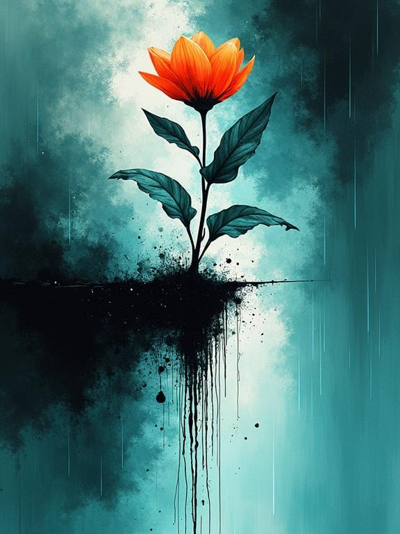 Abstract watercolor style artwork. Flower floating above bottom right corner. Roots dangling below. Cosmic geometric shapes in background. Symmetrical design. Bold lines. Minimalist aesthetic. Bright glowing digital rain falls in sheets. Clean digital aesthetic. Black and turquoise colors.