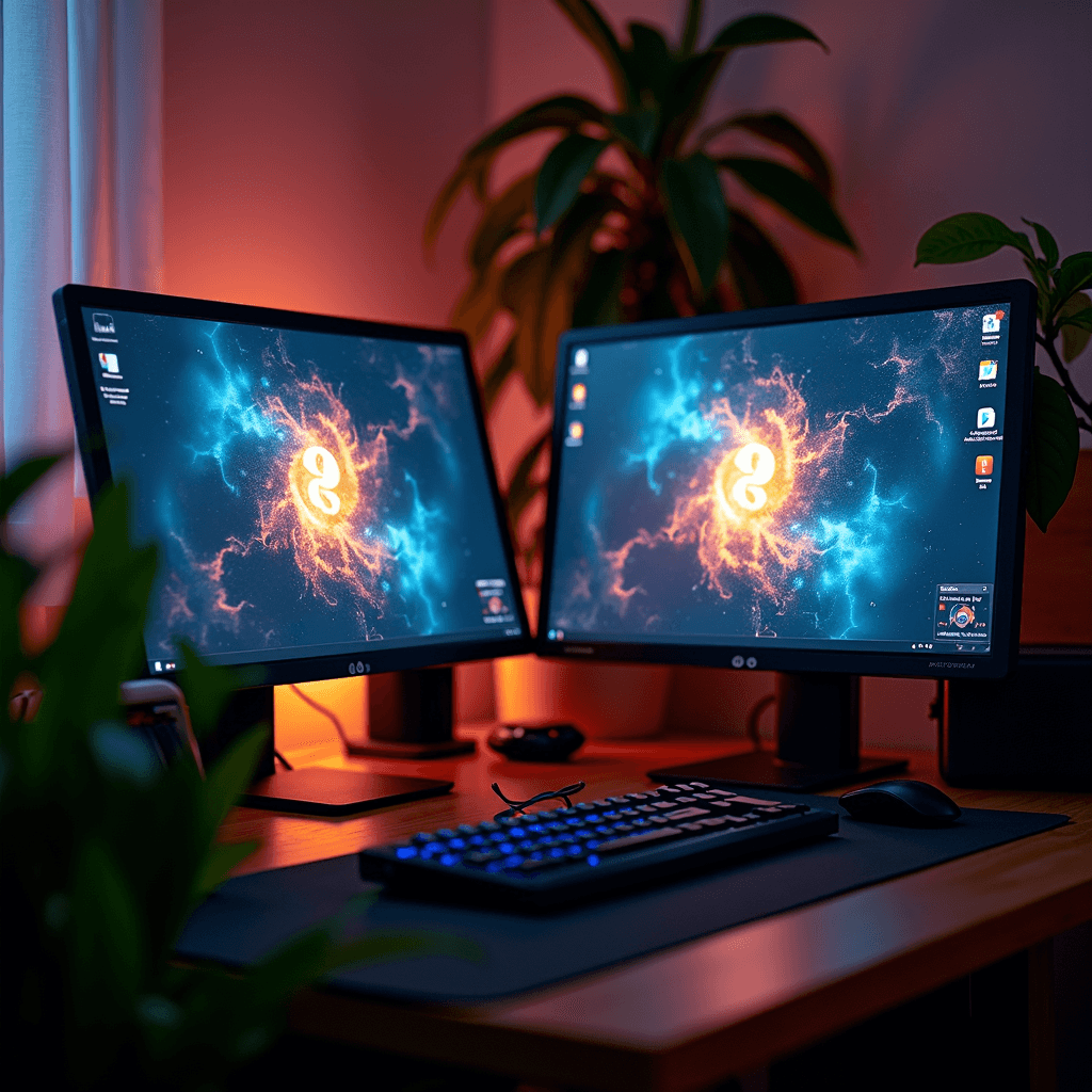 A dual monitor setup on a desk showcasing vibrant orange and blue computer screen art.