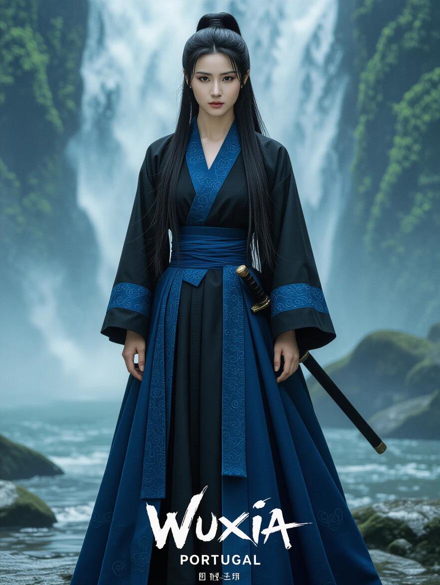 Full body shot of a woman wearing black and blue clothes. Long hair styled elegantly. Set against a waterfall background. Title reads Wuxia Portugal. Text includes stylistic elements reminiscent of 80s drama action films.