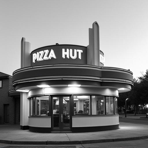 A Canon 300mm shot captures a black and white magazine photograph of an Art Deco Pizza Hut. The focus is on the distinct architecture and signage of the building.
