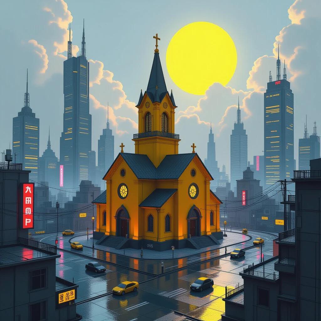 A yellow church stands in the center of a cyberpunk city Vibrant buildings surround the church A large yellow sun looms in the background The scene depicts a blend of spirituality and urban life
