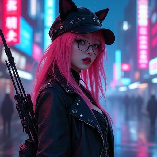 A female warrior with pink hair and a black hat with cat ears poses in a futuristic city. She wears a leather jacket, gothic boots, and fishnets. The background features neon signs in blue, red, and purple. Rain creates a moody atmosphere. Character has round glasses and painted nails. Cybernetic tattoos decorate her leg. A glowing glaive is on her back. She exhibits a flirty demeanor with her tongue out and shoulders showing.