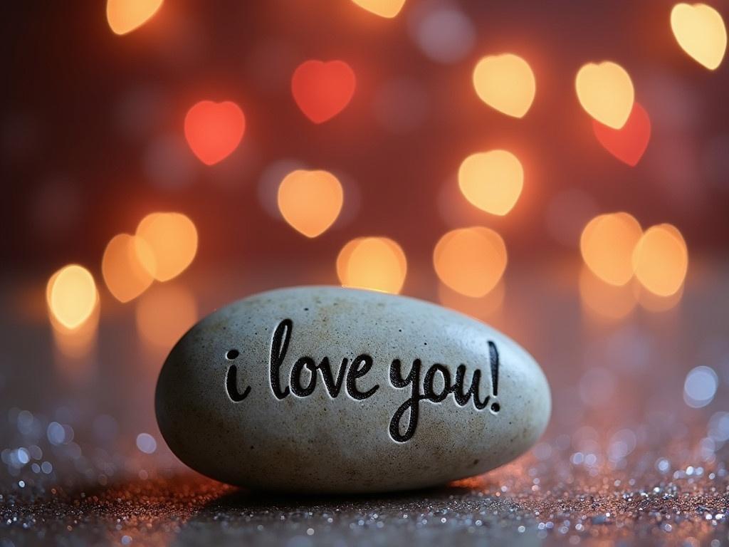 A cozy and romantic setting is created with a smooth stone in the foreground. The stone has the words "I love you!" beautifully carved into it. The background is adorned with a sparkling glittery texture that enhances the warm and loving ambiance. Soft bokeh lights twinkle in various colors, adding to the romantic feel of the scene. The composition captures a heartwarming message that can be treasured forever.