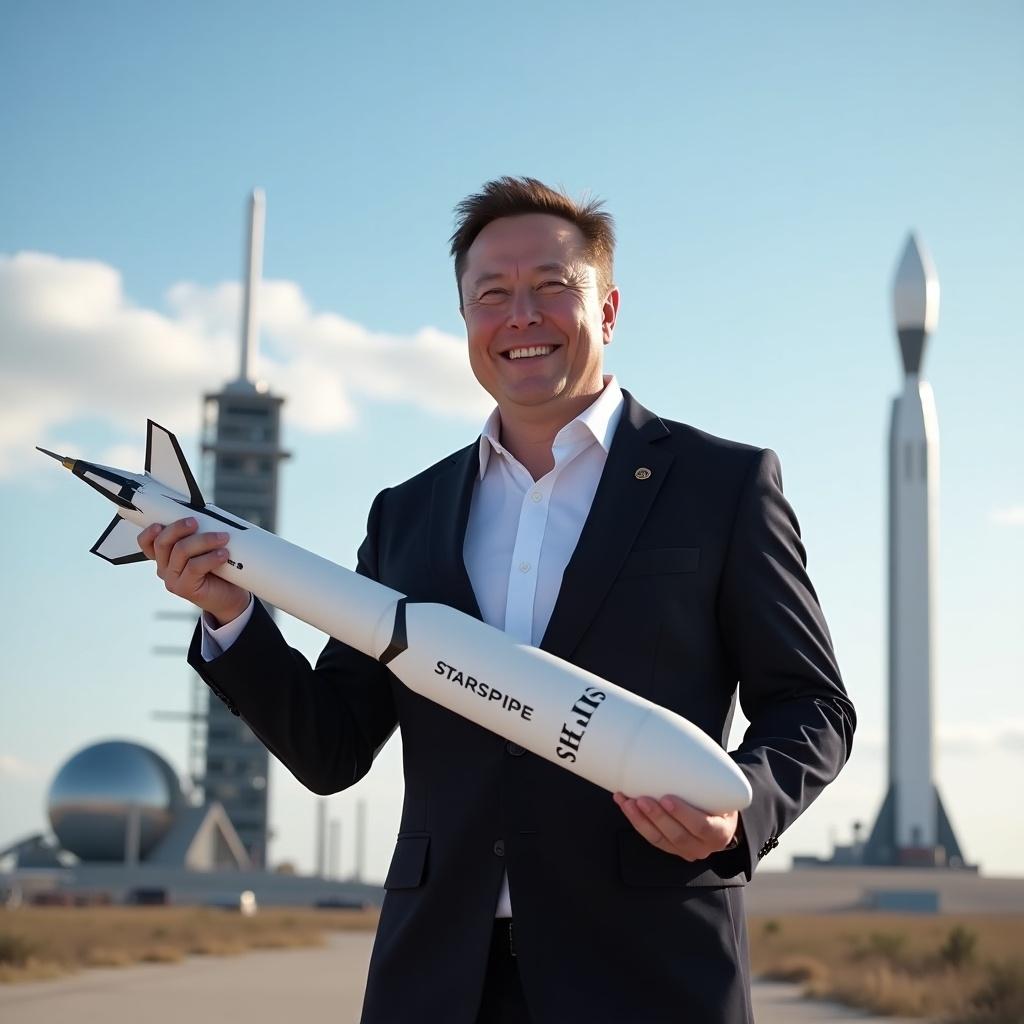 Elon Musk dressed in a suit holds a model of a rocket called Starspire. Background features futuristic structures including other rockets. Clear sky and bright light. Smiling expression. Outdoor setting for a promotional atmosphere.