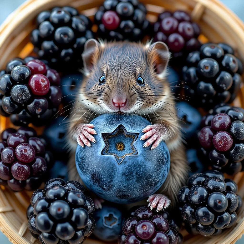 Close-up of a small animal holding a blueberry surrounded by blackberries. The arrangement creates a colorful and charming scene. The animal's fur is detailed, and the fruits are vivid.