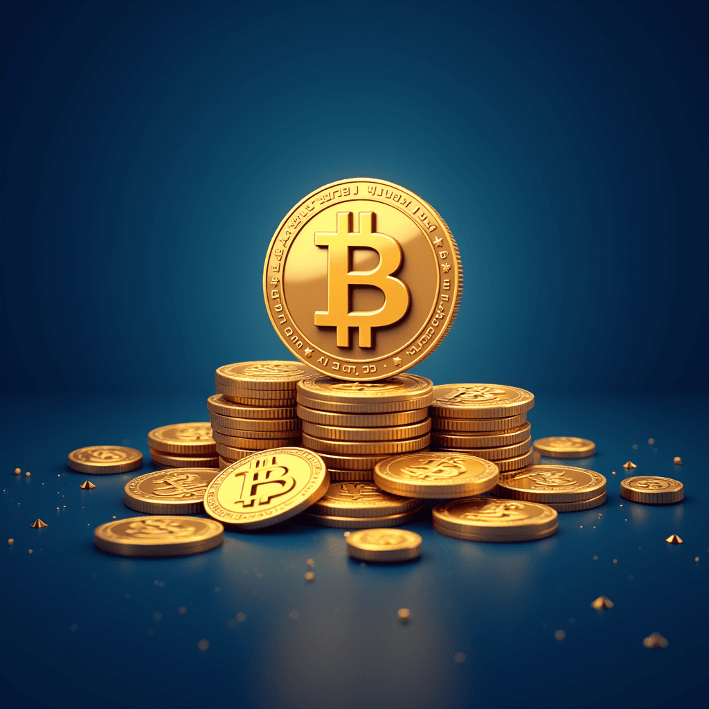 A stack of golden coins with the Bitcoin logo against a blue background.