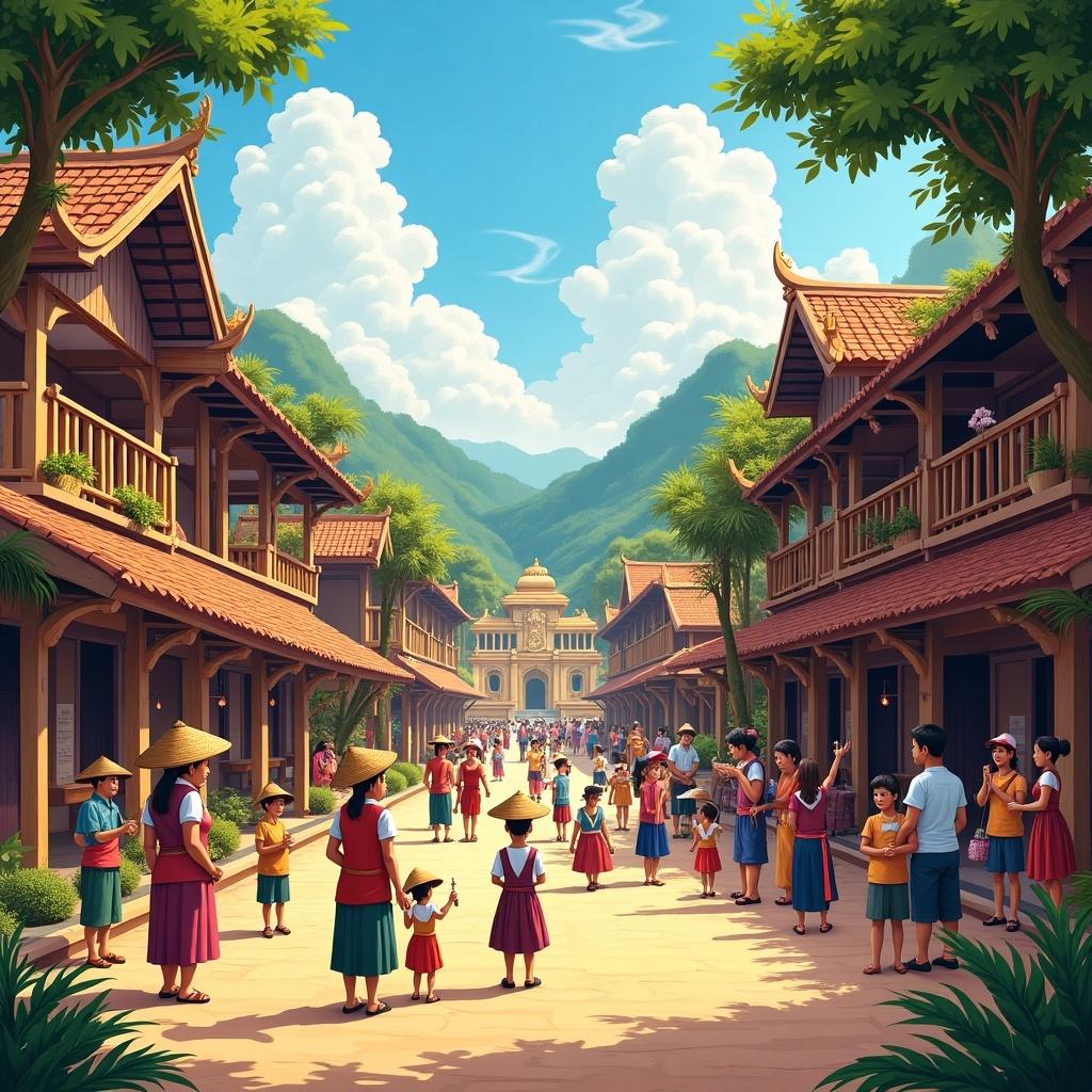 This image portrays a vibrant street scene in the Philippines, showcasing a blend of traditional architecture and lively community interactions. The buildings are designed in a classic Filipino style, contributing to the historical ambiance of the area. Children and adults are engaged in activities, highlighting the importance of community in Filipino culture. Lush green mountains serve as a backdrop, adding to the natural beauty of the setting. Clear blue skies and bright sunlight create an inviting atmosphere, making it an attractive location for both locals and tourists.